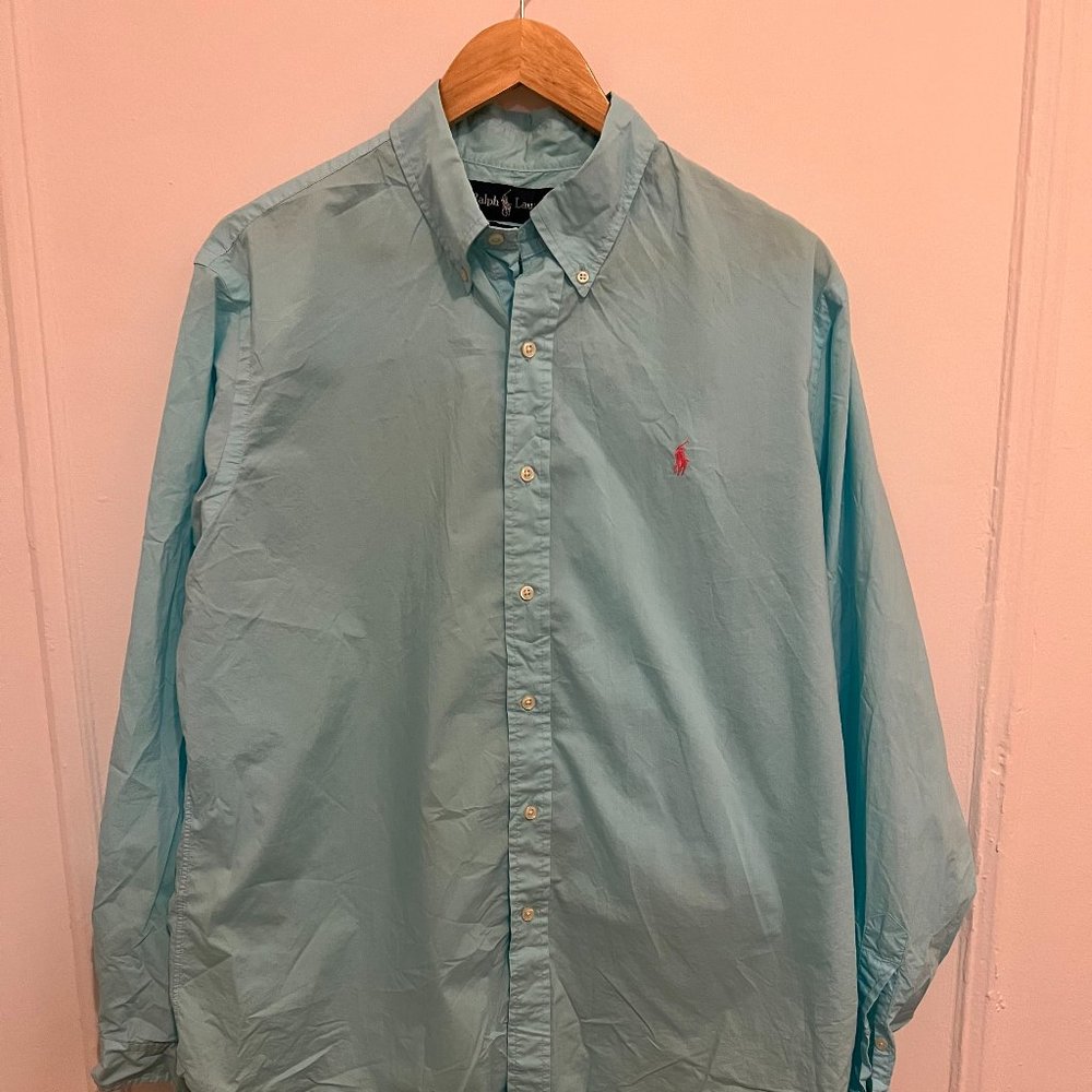 Rare Ralph Lauren Sky Blue Button-up Shirt W/ Logo on Front - Men's Extra Large